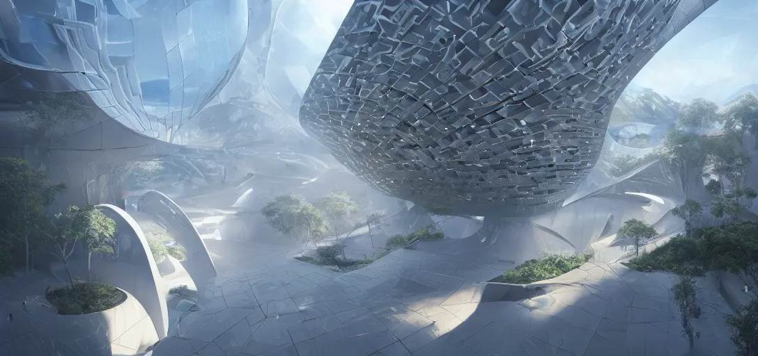 Prompt: highly detailed futuristic architecture by Tadao Ando and Salvador Dalí, reflective lighting, holographic, stylized vegetation, ground-level view, stunning sunny lighting, sunrise, foggy atmosphere, vivid colors, in the style of pixar animation, trending on Artstation, 8k, matte painting, ray tracing, hyper detailed, unreal engine 5, cinematic, epic lighting, cryengine, octane render, cyberpunk, red and orange glow, vibrant