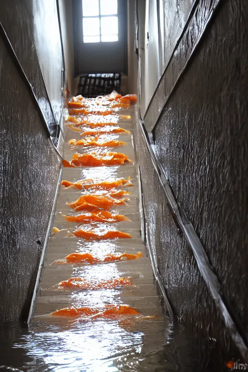 Image similar to a flooded stairway filled with orange juice, horror 1024 A