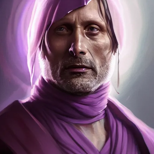 Prompt: mads mikkelsen dressed as a sorcerer in purple robes, portrait, illustration, character design, character concept, artstation, artgerm, greg rutkowski