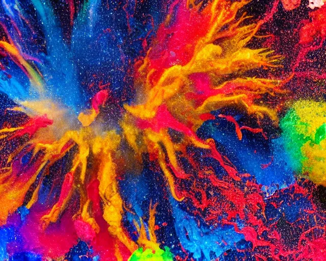 Prompt: still shot of a footage of a human head explodes and disintegrates into a huge mass of coloured powder and splashing paint, motion blur, hyperrealistic, medical, intricate art photography, anatomically correct, realistic crisp textures, 1 6 k
