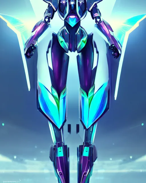 Prompt: uncropped iridescent feminine mecha ( with futuristic jet armor and wings ) with a heart visor helmet, symphogear, full body character portrait, hi - tech, trending on artstation, rave armor, digital painting, concept art, sharp focus, illustration, art by wlop and greg rutkowski