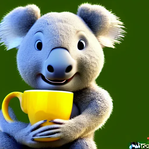 Image similar to cute koala bear holding a tea cup on a tree. pixar disney 4 k 3 d render funny animation movie oscar winning trending on artstation and behance. ratatouille style.
