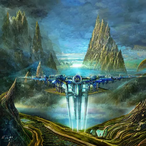 Prompt: soaring towers and bridges, mountains, under outer world jungles and lakes, art by Dmitry Dubinsky