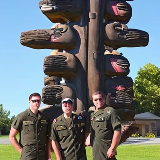 Image similar to us navy officers standing around a totem pole