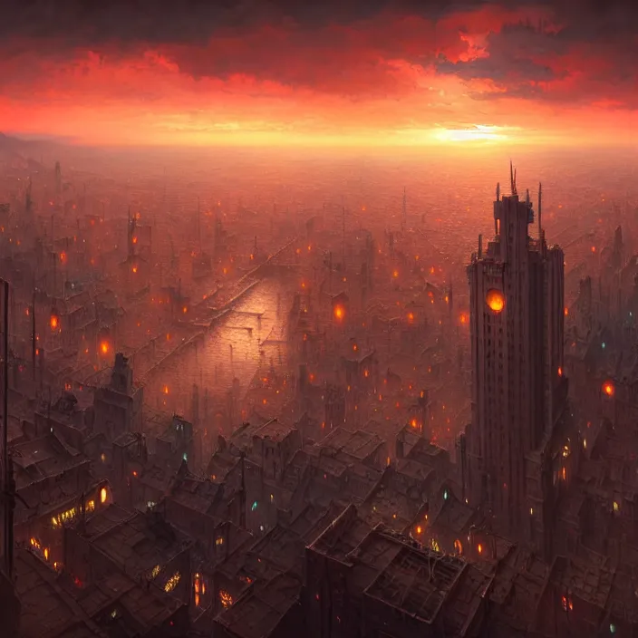 Image similar to matte painting by marc simonetti, jonathan solter, greg rutkowski of tokyo at sunset, masterpiece, cinematic, hyperdetailed, photorealistic, hyperrealism, architecture, aerial view,