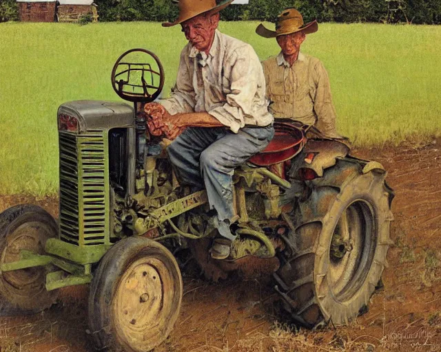 Prompt: high quality high detail painting by norman rockwell, hd, old man on tractor, muted pastel colors, photorealistic lighting