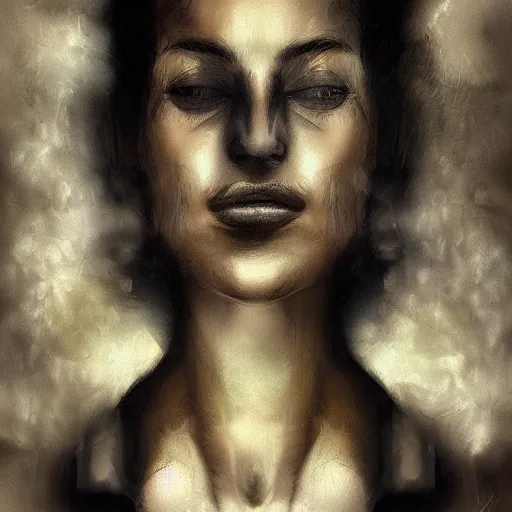 Image similar to a portrait of a beautiful young woman made of smoke and ember, high contrast, hdr, by enki bilal