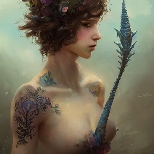 Image similar to portrait of beautiful woman with short curly brown hair, tattoo of unicorn and mermaid, intricate, flowers, mythical, oil painting, Tooth Wu, Greg Rutkowski, RPG, dynamic lighting, fantasy art, High contrast, depth of field