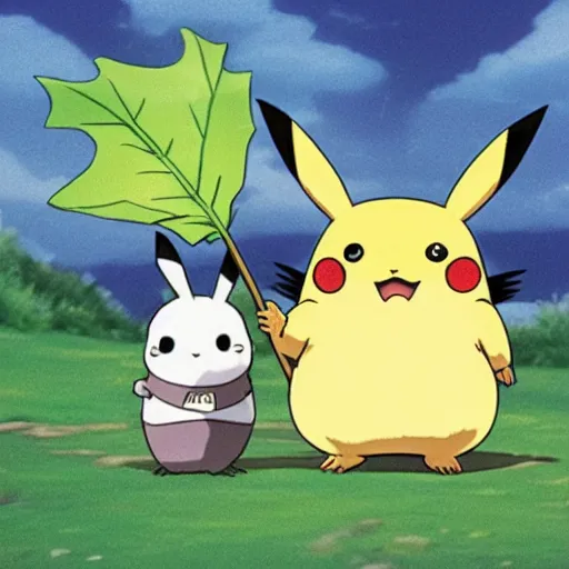 Image similar to Pikachu dressed up like Totoro while holding a leaf, Ghibli, art