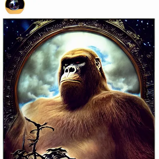 Prompt: portrait of king kong made with porcelain by Jeff Easley and Peter Elson + beautiful eyes, beautiful face + symmetry face + border and embellishments inspiried by alphonse mucha, fractals in the background, galaxy + baroque, gothic, surreal + highly detailed, intricate complexity, epic composition, magical atmosphere + masterpiece, award winning + trending on artstation