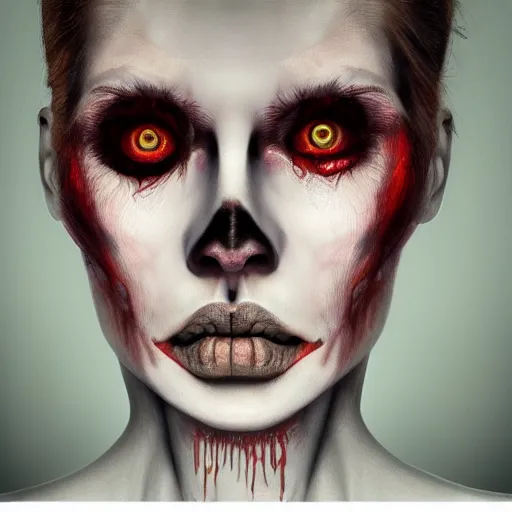 Image similar to hyperrealistic scary beautiful maniac deformed woman portrait of deep layers of fear sharp focus