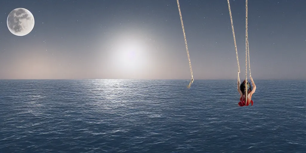 Prompt: a person swinging on a swing over the ocean the swing is connected to the moon, award winning, 4k, volumetrics, digital art