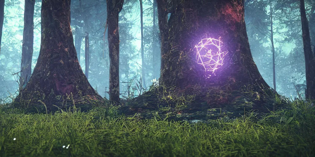 Image similar to a close shot to a mysterious relic in the middle of the forest, night, fireflies unreal engine 5, depth of field, rule of thirds, contest winner, cgsociety, brilliant colors, colorful