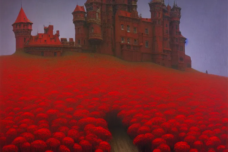 Image similar to only with red, red flowers of different types, red castle in background, red medieval goblins, in the style of beksinski, parts by edward hopper, parts by rodcenko, parts by yue minjun, intricate and epic composition, red by caravaggio, insanely quality, highly detailed, masterpiece, red light, artstation, 4 k