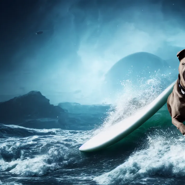 Prompt: photo of a dark gray coat pit bull with a white paws, surfing on a surfboard in a crashing wave of alien ocean in space, background is an alien galaxy, aliens in the background, alien colors, octane render, unreal engine, wide view, 8 k, high detaild