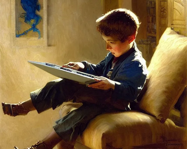 Image similar to boy playing computer games, painting by gaston bussiere, craig mullins, j. c. leyendecker