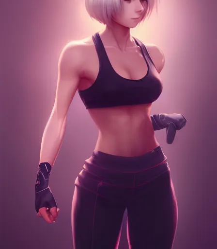 Image similar to beautiful portrait of a gorgeous personal trainer who looks like 2B , character design by charlie bowater, ross tran, artgerm, and makoto shinkai, detailed, soft lighting, rendered in octane