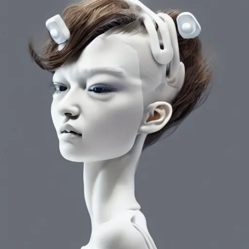 Image similar to full head and shoulders, beautiful female porcelain sculpture with lots of white 3 d cyborg elements, white prosthetics, 3 d goggles, smooth, all white features on a white background, delicate facial features, white eyes, white lashes, detailed white liquid, anatomical by daniel arsham and james jean