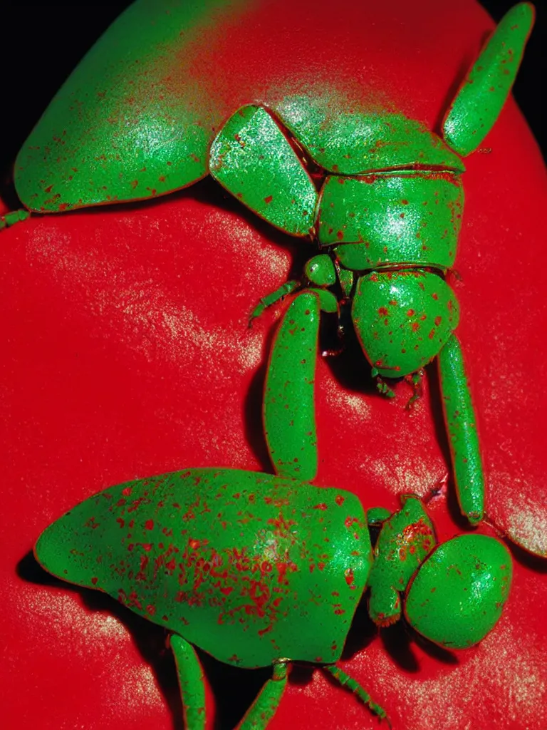 Prompt: subsurface scattering. close - up shot of a beautiful red white and green beetle. insect eyes. complementary color scheme. studio photography by slim aarons, by zhang kechun, by lynda benglis, high quality highly detailed award winning photograph by national geographic. soft volumetric light, smooth gradient.