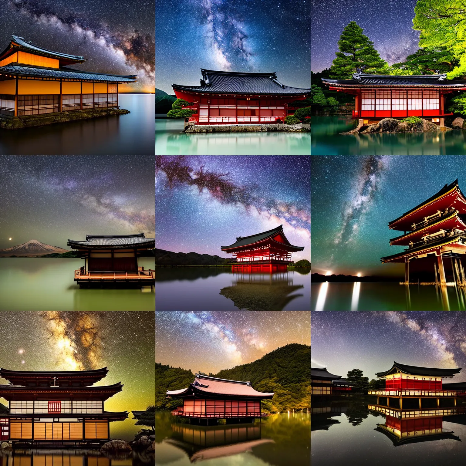 Prompt: A traditional japanese building underneath the milkyway at night both relfecting inside a lake