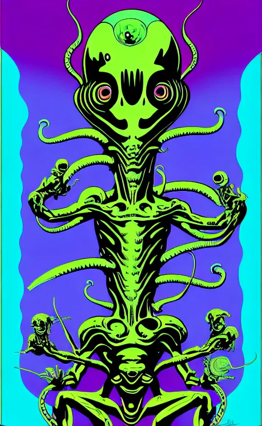 Prompt: psychedelic aliens, wide angle shot, white background, vector art, illustration by frank frazetta