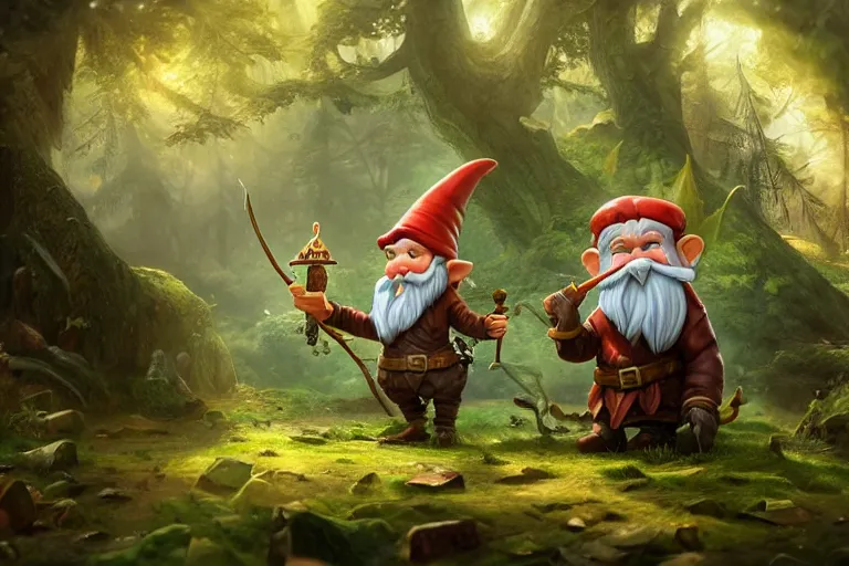 Image similar to legendary elegant gnome hold map and feel confuse in forest,, highly detailed, d & d, fantasy, highly detailed, digital painting, trending on artstation, concept art, sharp focus, illustration, global illumination, ray tracing, realistic shaded, art by artgerm and greg rutkowski and fuji choko and viktoria gavrilenko and hoang lap