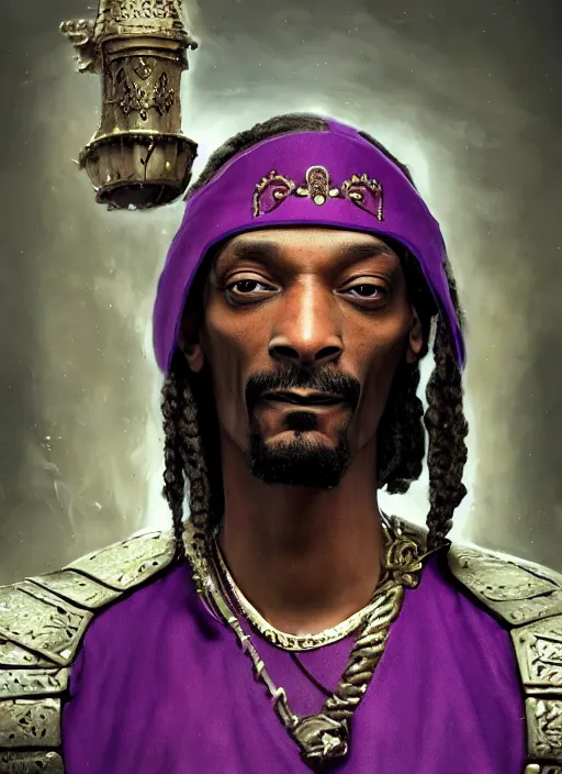 Prompt: snoop dogg as a barbarian, short beard, grumpy, intricate plate armor, purple robes, Ivan Aivakovsky, Boris Vallejo, epic fantasy character art, D&D Concept Art, full length, Realistic, Regal, Refined, Detailed Digital Art, Oil Paining, Exquisite detail, post-processing, masterpiece, Cinematic Lighting, Unreal Engine, 8k, HD, Stanley Artgerm Lau, WLOP, Rossdraws, Frank Frazetta, Andrei Riabovitchev, Marc Simonetti, trending on artstation,