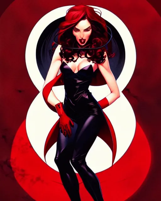 Image similar to artgerm, joshua middleton comic cover art, full body pretty megan fox vampire sharp teeth, red dress, symmetrical eyes, symmetrical face, long curly black hair, dark castle background background, cinematic lighting