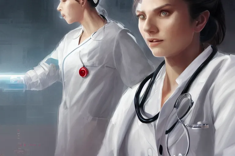 Image similar to a poster of emergency room, an elegant and beautiful female doctor in a white coat in a hospital ward, cinematic, highly detailed, digital painting, artstation, concept art, matte, sharp focus, illustration, art by artgerm and greg rutkowski