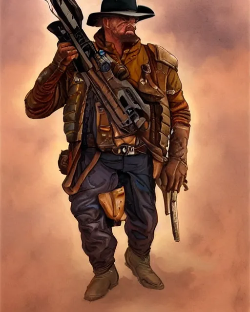 Image similar to a oil / watercolor painting full body character portrait of a turbine gunslinger in the style of moebius in the style of leonard boyarsky trending on artstation deviantart pinterest detailed realistic hd 8 k high resolution