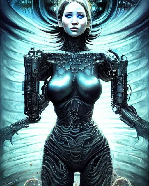 Prompt: cyborg daemonhost jennifer lawrence, by antonio j. manzanedo, giger, alex grey, android jones, wayne barlowe, philippe druillet, raymond swanland, cyril rolando, josephine wall, harumi hironaka, trending on artstation