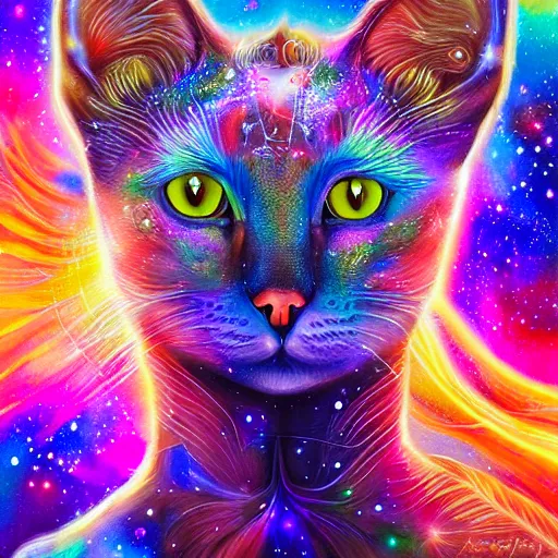 Image similar to a galaxy colored psychedelic chakra awakening kundalini ethereal portrait of a cat with her eyes closending to a higher plane of existence, eternal blessing, multiverse, by android jones, by ben ridgeway, visionary art, by artgerm, featured on artstation, cgsociety, by greg rutkowski