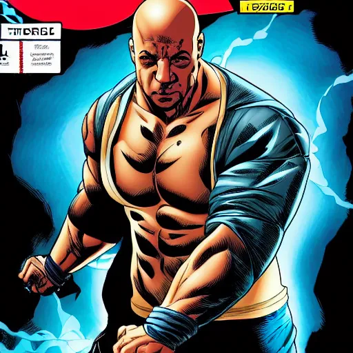 Image similar to Vin Diesel as a comic book hero fighting off evil,, 4k, comic book cover