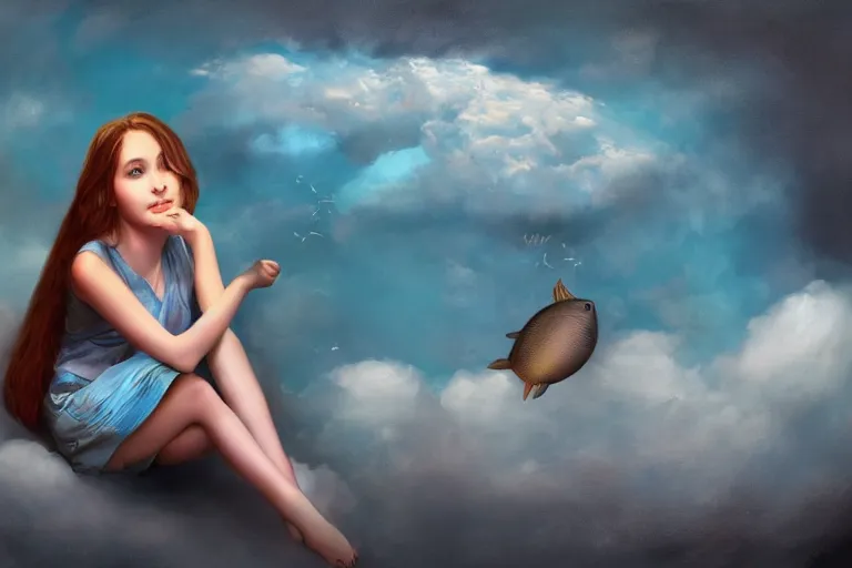 Prompt: a cute beautiful girl sitting on a cloud relaxing, digital painting, portrait, fish eye lens,