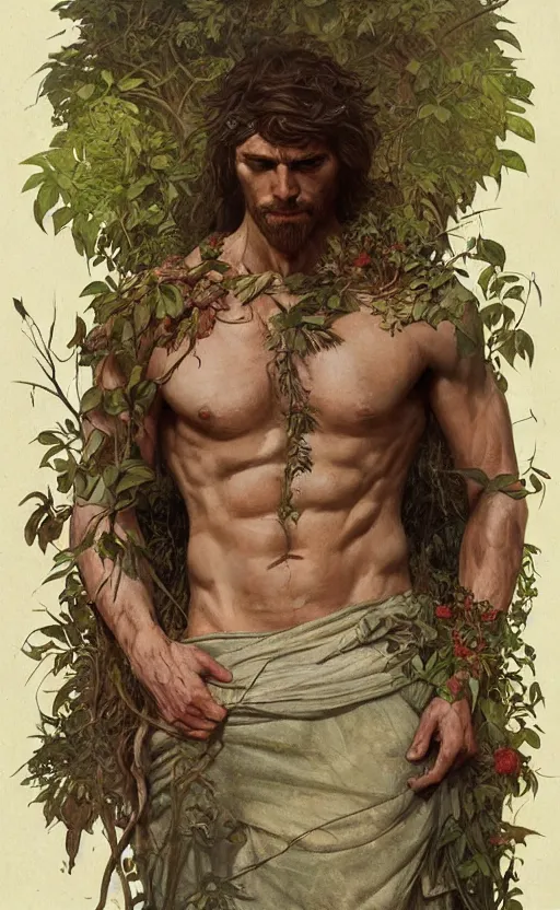 Prompt: god of the forest, rugged, handsome, male, detailed face, clean lines, atmospheric lighting, amazing, full body, thighs, flowers, muscular, intricate, highly detailed, digital painting, deviantart, concept art, sharp focus, illustration, art by greg rutkowski and alphonse mucha