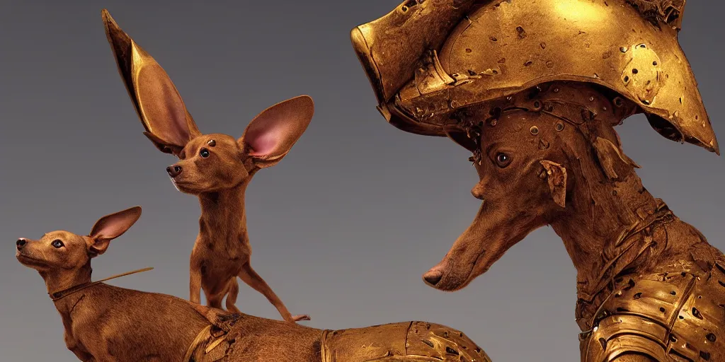 Prompt: humanoid Chihuahua + pinscher with brown fur in golden ornamented armor, ears , white particles, dark souls style, Fantasy Style, cinematic light, 35mm, ZBrush, Zdzislaw Beksinski