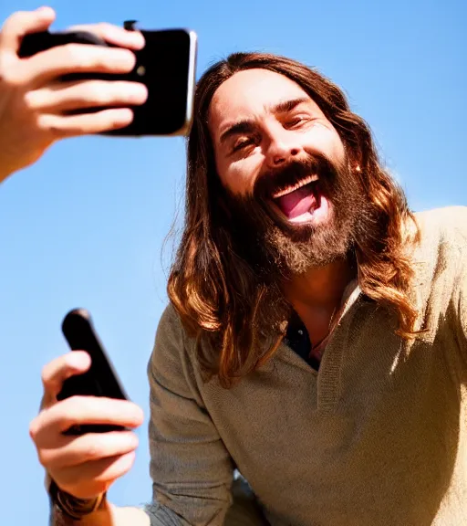 Image similar to Jesus taking a selfie. He is laughing. Professional photo