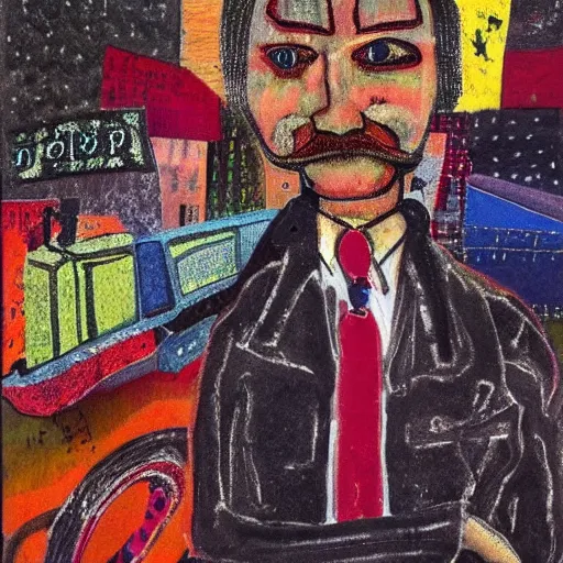 Prompt: dream A portrait of a man, by Karl Wiener, nighttime foreground, abstract!!!, figurative, unreal!!! engine!!!, pen, dark! colors, dirt brick road, Absurdist!! art, Collage