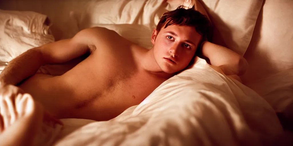 Image similar to handsome young man in bed wearing a dress golden hour window light highly detailed sharp zeiss lens f 1 6 masterpiece ryan mcginley