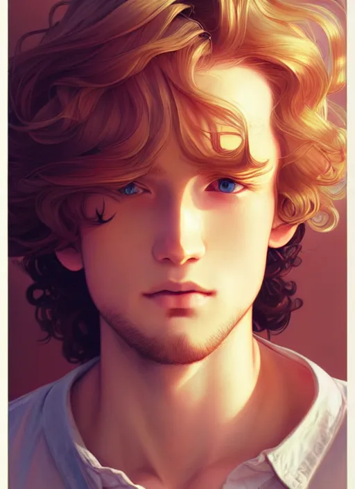 Image similar to young man with medium - length, curly, golden hair, aquamarine eyes, natural lighting, path traced, highly detailed, high quality, cartoon, digital painting, by new haicheng and ross tran and studio ghibli and alphonse mucha