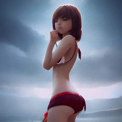 Image similar to kodak portra. by wlop, ilya kuvshinov, krenz cushart, greg rutkowski, trending on pixiv. zbrush sculpt, octane, maya, houdini, vfx. cute anime girl wearing bikini armor. digital painting. cinematic dramatic atmosphere, sharp focus, volumetric lighting.