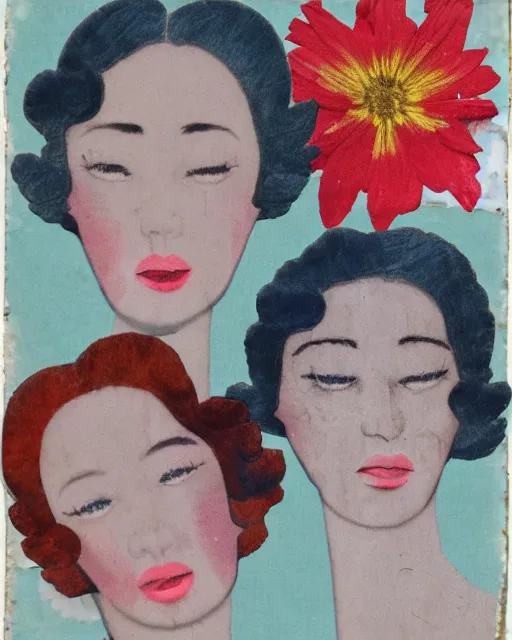 Prompt: different women's faces, cut and paste collage, pressed flowers, soft coloring, 1 9 5 0 s, silk, pearlescent, watery, serene emotions