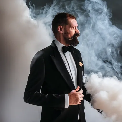 Prompt: Man wearing classy tuxedo inside cloud of smoke, realistic face, Canon EOS R3, f/1.4, ISO 200, 1/160s, 8K, RAW, unedited