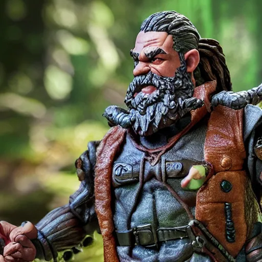 Prompt: high - res photograph of a claymation sculpture action figure warrior dwarf, highly detailed sculpey diorama, forest setting, waterfall backdrop, smooth, sharp foccus, commercial product photography,