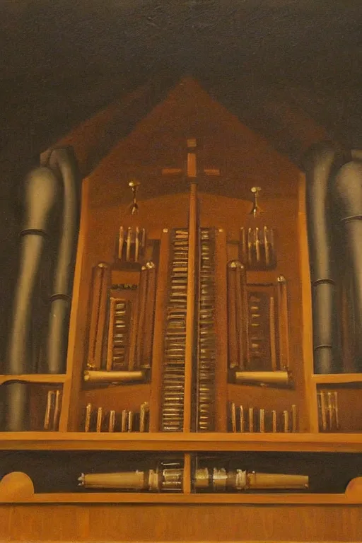 Image similar to pipe organ console with dark smoke, detailed oil painting by grant wood, diesel gothic