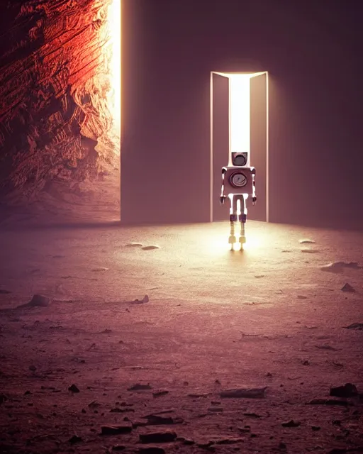 Image similar to a robot standing in front of a glowy open door that's on a barren moon, poster art by mike winkelmann, trending on cg society, space art, sci - fi, ue 5, futuristic, volumetric lighting, light casting onto the ground, neat composition and camera angle