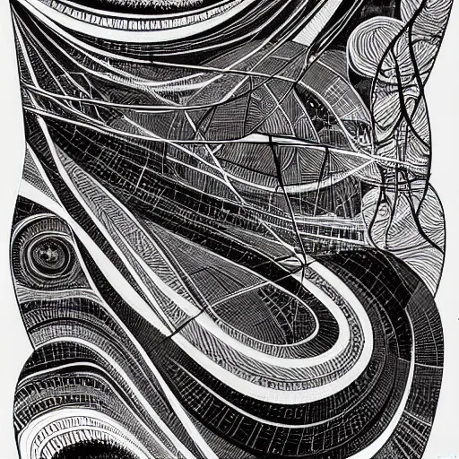 Prompt: abstract black and white concept art graphic painting illustrating kolmogorov complexity, overcomplicated, math inspired, hyper detailed, psychodelic, creepy