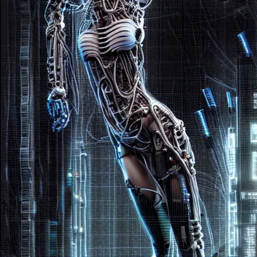 Image similar to portrait photo of a biomechanical torso of a cyborg plugged into a quantum computer with cables and wires and optic fibers. cyberpunk horror style. art by luis royo. highly detailed 8 k. intricate. nikon d 8 5 0 5 5 mm.