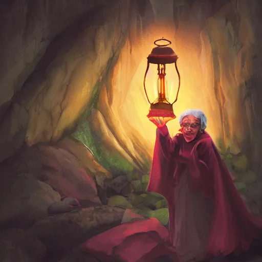 Prompt: scary old woman holding a lantern at night near a cave, digital painting, fish eye lens, detailed, appealing, colour theory, by zeenchin