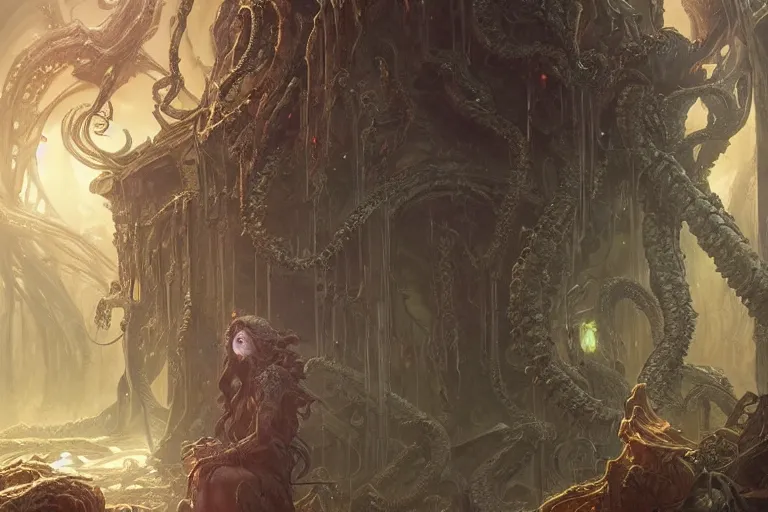 Image similar to a lovecraftian painting of a demonic portal, cosmic horror elements, ultra realistic, concept art, intricate details, eerie, highly detailed, photorealistic, octane render, 8 k, unreal engine. art by artgerm and greg rutkowski and alphonse mucha